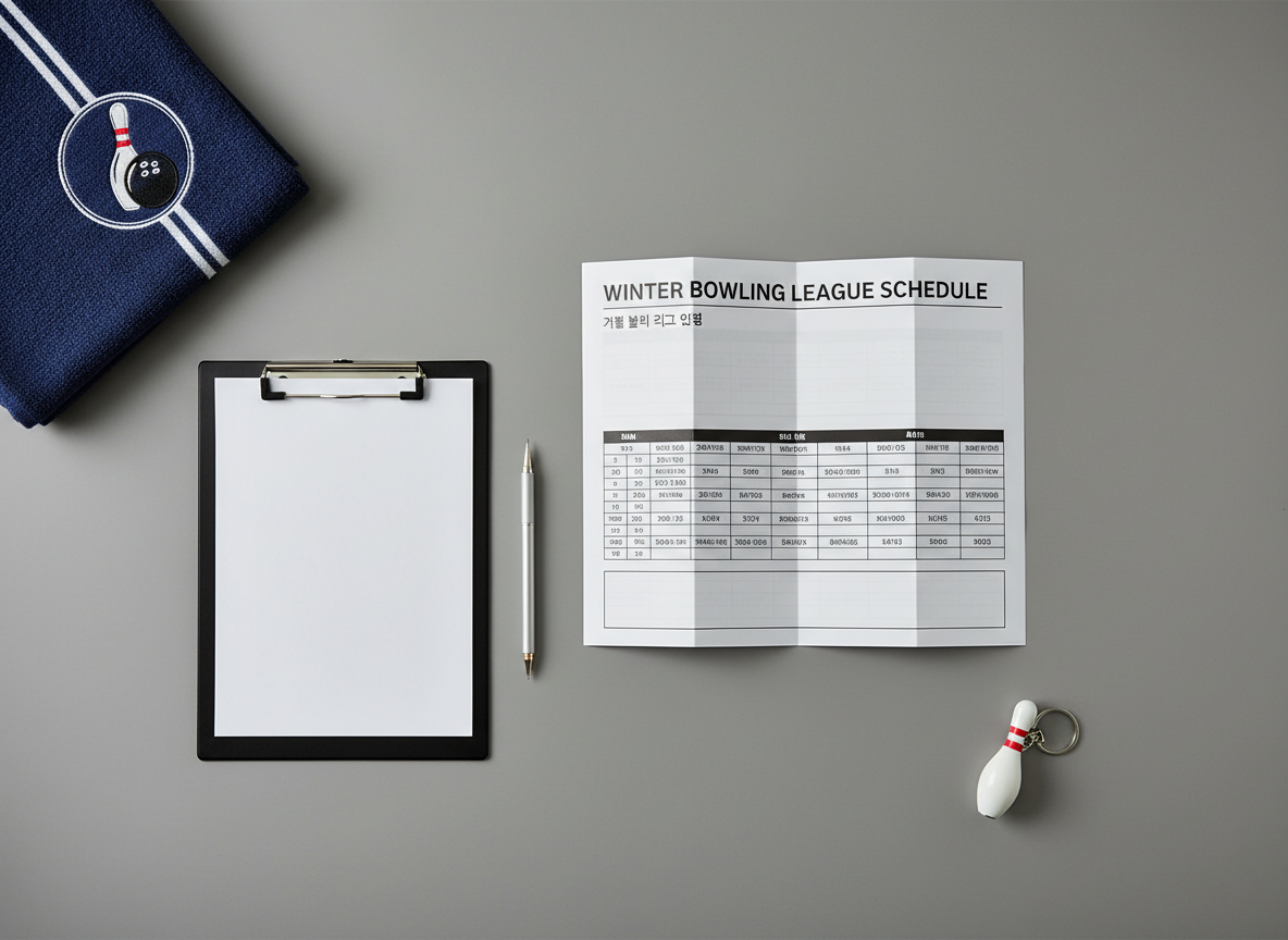 An organized display of bowling league materials laid out on a smooth, neutral grey tabletop: a detailed printed league schedule in both English and Korean, a sleek black clipboard, a sharpened mechanical pencil, and a small enamel bowling pin keychain. In the upper corner, a folded navy-and-white towel with a subtle embroidered bowling logo adds texture. Soft, diffused overhead lighting evenly illuminates the scene, creating gentle shadows that give each item dimensionality. Shot from directly above in a flat-lay composition, the image has crisp focus across the entire frame. The mood is orderly, professional, and inclusive, conveying organized community programming in a photographic, clean, modern style.