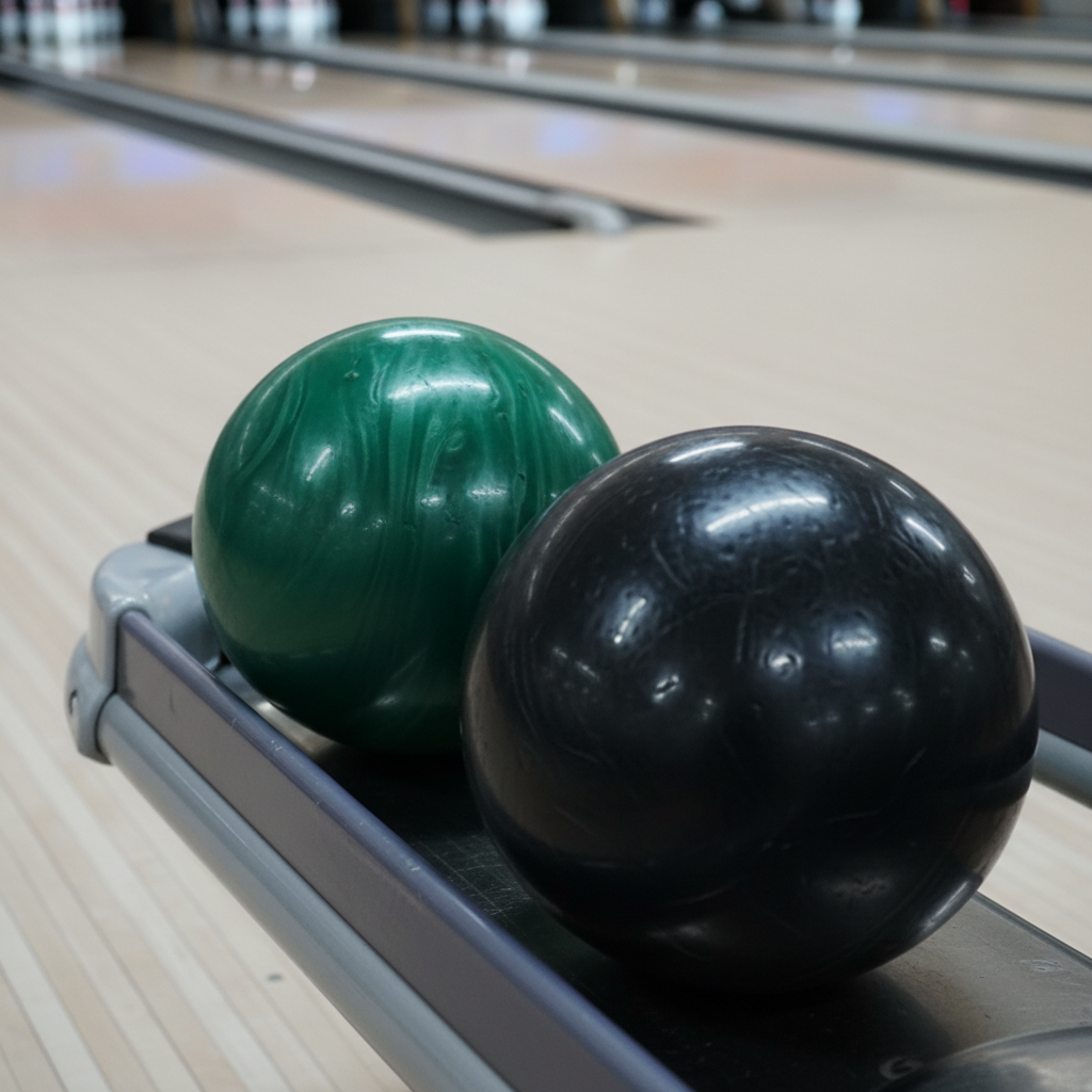 Two contrasting bowling balls—a deep emerald green reactive resin ball and a classic solid black plastic spare ball—rest side by side on a brushed metal ball return track. The green ball features swirling patterns and faint marbling, while the black ball has a smooth, uniform sheen. Behind them, a row of lanes stretches out, their arrows and dots subtly visible but gently blurred. Overhead lane lights cast a soft white glow, creating clear reflections on the balls and metallic rail. Captured from a low, three-quarter angle, the composition uses the rule of thirds to balance equipment and environment. The atmosphere is disciplined yet inviting, with photographic realism highlighting equipment diversity for different skill levels.