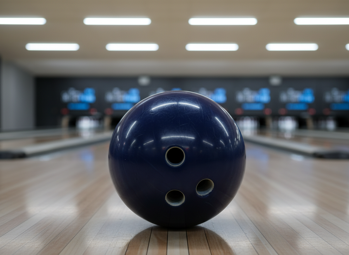 A close-up of a deep navy blue bowling ball resting precisely on the polished approach of a modern bowling center, three drilled finger holes sharply defined and edges slightly beveled. The glossy surface of the ball reflects the muted colors of adjacent lanes and distant scoring monitors. Overhead fluorescent lighting casts smooth, even illumination, creating subtle specular highlights on the ball and a soft, elongated reflection on the wooden floor. Captured from a slightly elevated side angle with a shallow depth of field, the background lanes gently blur into soft bokeh. The atmosphere feels calm, technical, and professional, emphasizing equipment quality and attention to detail in a photographic realism style.