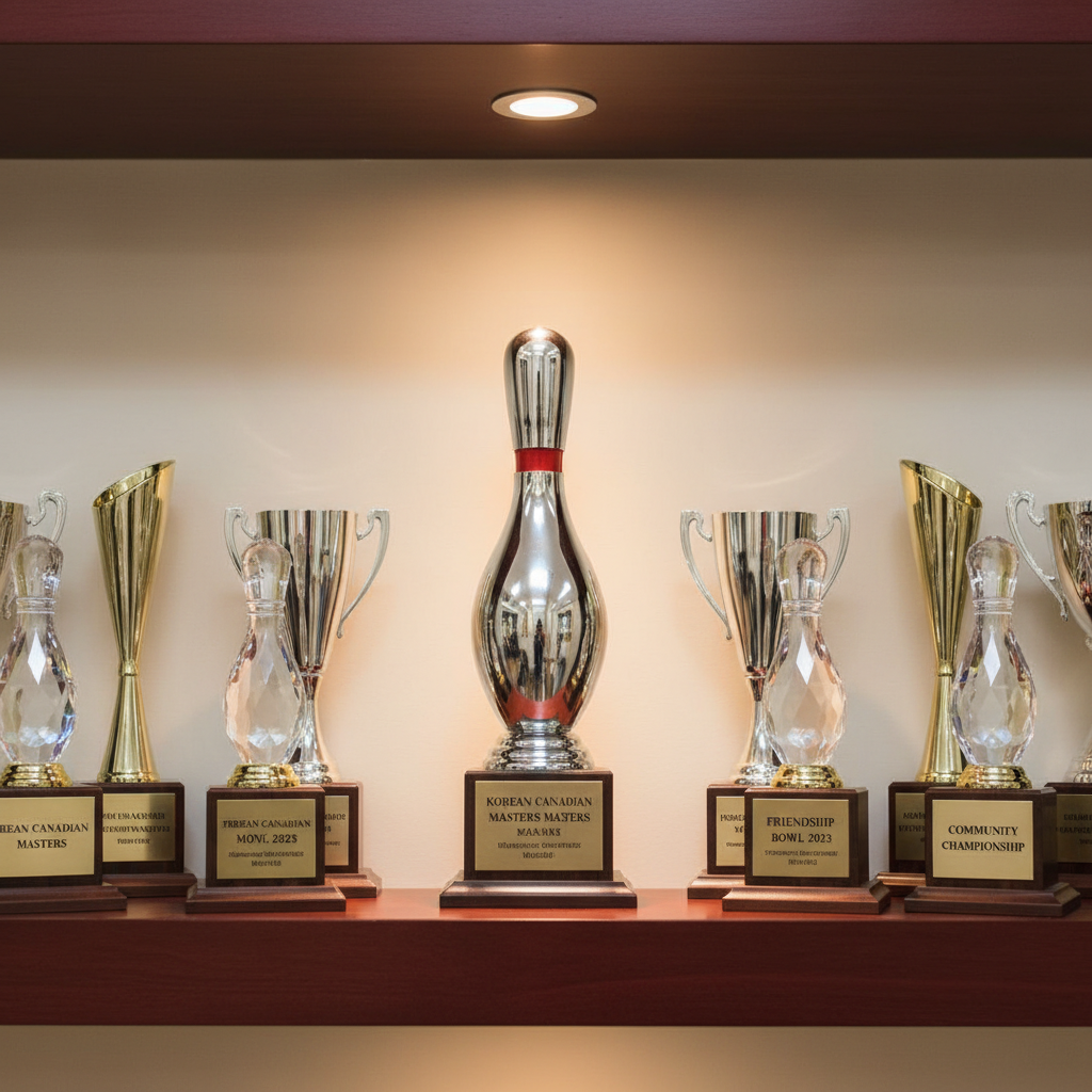 A meticulously arranged trophy display on a dark wood shelf in a bowling center office: sleek silver and gold cups, crystal bowling pin awards, and rectangular plaques engraved with tournament names. A single polished chrome bowling pin trophy stands at the center, catching the eye. Soft, warm office lighting from a recessed ceiling fixture casts gentle highlights on the metallic surfaces and faint shadows against a neutral wall. Shot at eye level with moderate depth of field, the central pin trophy is in sharp focus while side trophies gradually soften. The mood is aspirational and respectful, emphasizing achievement within a professional, photographic realism style appropriate for a Korean Canadian bowling nonprofit.